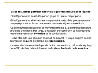 Estos resultados permiten hacer las siguientes deducciones lógicas:
•El halógeno se ha sustituído por un grupo OH en su mayor parte.
•El halógeno se ha eliminado en una pequeña parte. Este proceso parece
complejo porque se forma una mezcla de varios alquenos u olefinas.
•La configuración del alcohol es mayoritariamente S, la contraria del haluro
de alquilo de partida. Por tanto, la reacción de sustitución se ha producido
mayoritariamente con inversión de la configuración.
•Se ha obtenido una pequeña cantidad de alcohol R, lo que sugiere que ha
ocurrido un pequeño porcentaje de racemización.
•La velocidad de reacción depende de los dos reactivos, haluro de alquilo y
nucleófilo. Ambos deben intervenir en la etapa limitante de la velocidad.
 
