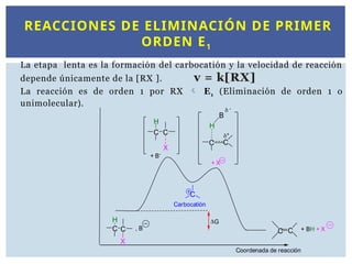 REACCIONES DE ELIMINACIÓN DE PRIMER
ORDEN E1
La etapa lenta es la formación del carbocatión y la velocidad de reacción
depende únicamente de la [RX ]. v = k[RX]
La reacción es de orden 1 por RX  E1 (Eliminación de orden 1 o
unimolecular).
C
H
C
C
H
C
H
C C
C
X
C
B
C
X

 -
Carbocatión
G
+ B-
+ X
+ BH + X
Coordenada de reacción
, B
 