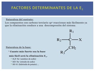 FACTORES DETERMINANTES DE LA E2
Naturaleza del sustrato:
Los compuestos con carbono terciario sp3
reaccionan más fácilmente ya
que la eliminación conduce a una descompresión del sistema.
Naturaleza de la base:
 Cuanto más fuerte sea la base
más fácil será la eliminación E2.
 H2N-
Na+
(amiduro de sodio)
 EtO-
Na+
(etóxido de sodio)
 HO-
K+
(hidróxido de potasio) ...
C
CH2
X
R2
R3
R1
 