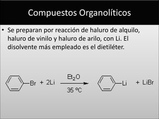 Compuestos Organolíticos
• Se preparan por reacción de haluro de alquilo,
  haluro de vinilo y haluro de arilo, con Li. El
  disolvente más empleado es el dietiléter.
 