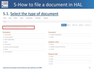 Laboratoire d’analyse et d’architecture des systèmes du CNRSLaboratoire d’analyse et d’architecture des systèmes du CNRS
5-How to file a document in HAL
5.1. Select the type of document
20
 