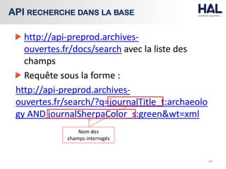 http://api-preprod.archives-
ouvertes.fr/docs/search avec la liste des
champs
Requête sous la forme :
http://api-preprod.archives-
ouvertes.fr/search/?q=journalTitle_t:archaeolo
gy AND journalSherpaColor_s:green&wt=xml
64
API RECHERCHE DANS LA BASE
Nom des
champs interrogés
 