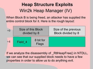 Win2k Heap Manager (IV)
Heap Structure Exploits
When Block B is being freed, an attacker has supplied the
entire control block for it. Here is the rough layout:
+0
+4
Size of the previous
Block divided by 8
8 bit for
Flags
Field_4
Size of this Block
divided by 8
If we analyze the disassembly of _RtlHeapFree() in NTDLL,
we can see that our supplied block needs to have a few
properties in order to allow us to do anything evil.
 