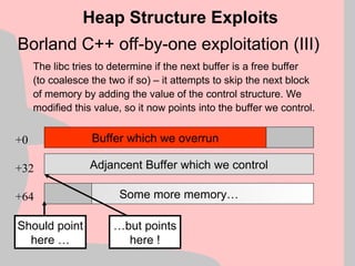 Borland C++ off-by-one exploitation (III)
The libc tries to determine if the next buffer is a free buffer
(to coalesce the two if so) – it attempts to skip the next block
of memory by adding the value of the control structure. We
modified this value, so it now points into the buffer we control.
Heap Structure Exploits
Buffer which we overrun
Adjancent Buffer which we control
+0
+32
+64 Some more memory…
Should point
here …
…but points
here !
 
