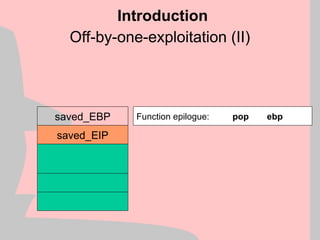 Off-by-one-exploitation (II)
Introduction
saved_EBP
saved_EIP
Function epilogue: pop ebp
 