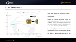 Fonte: Mercurius Research
03
O QUE É O HALVING?
Os Impactos do Halving
Quando Satoshi Nakamoto criou o Bitcoin, havia um desejo de
criar uma moeda escassa, ou seja, que reduzisse a sua oferta ao
decorrer do tempo.
Pensando nisso, o algoritmo do Bitcoin foi projetado para
reduzir sua taxa de emissão de moedas através do corte das
recompensas dadas aos mineradores (coinbase) pela metade a
cada 210.000 novos blocos minerados (o que ocorre em cerca
de 4 em 4 anos), um processo conhecido como Halving.
Esse mecanismo funciona da seguinte forma: no início do
funcionamento do Bitcoin, os mineradores recebiam 50 BTCs a
cada bloco minerado, essa recompensa foi reduzida para 25
BTCs em 2012, 12,5 BTCs em 2016 e reduziu para 6,25 BTCs
neste ano.
0
10
20
30
40
50
60
2008 2012 2016 2020 2024 2028 2032 2036 2040 2044
Halving
Taxa paga aos Mineradores
 