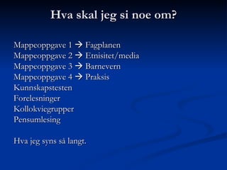 Hva skal jeg si noe om? Mappeoppgave 1    Fagplanen Mappeoppgave 2    Etnisitet/media Mappeoppgave 3    Barnevern Mappeoppgave 4    Praksis Kunnskapstesten Forelesninger Kollokviegrupper Pensumlesing Hva jeg syns så langt. 