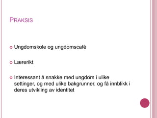 PraksisUngdomskole og ungdomscafèLæreriktInteressant å snakke med ungdom i ulike settinger, og med ulike bakgrunner, og få innblikk i deres utvikling av identitet