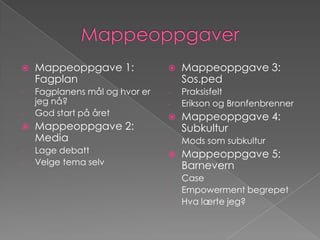 MappeoppgaverMappeoppgave 1: FagplanFagplanens mål og hvor er jeg nå?