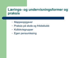 Lærings- og undervisningsformer og praksis Mappeoppgaver Praksis på skole og fritidsklubb Kollokviegrupper Egen pensumlesing 