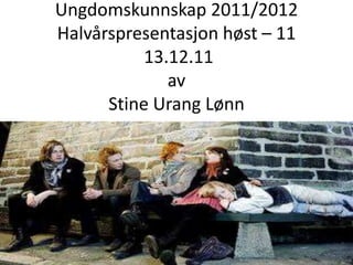 Ungdomskunnskap 2011/2012
Halvårspresentasjon høst – 11
           13.12.11
              av
      Stine Urang Lønn
 