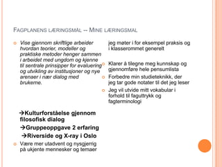 FAGPLANENS LÆRINGSMÅL -- MINE LÆRINGSMAL

   Vise gjennom skriftlige arbeider          jeg møter i for eksempel praksis og
    hvordan teorier, modeller og              i klasserommet generelt
    praktiske metoder henger sammen
    i arbeidet med ungdom og kjenne
    til sentrale prinsipper for evaluering   Klarer å tilegne meg kunnskap og
    og utvikling av institusjoner og nye      gjennomføre hele pensumlista
    arenaer i nær dialog med                 Forbedre min studieteknikk, der
    brukerne.                                 jeg tar gode notater til det jeg leser
                                             Jeg vil utvide mitt vokabular i
                                              forhold til faguttrykk og
                                              fagterminologi

    Kulturforståelse gjennom
    filosofisk dialog
    Gruppeoppgave 2 erfaring
     Riverside og X-ray i Oslo
   Være mer utadvent og nysgjerrig
    på ukjente mennesker og temaer
 