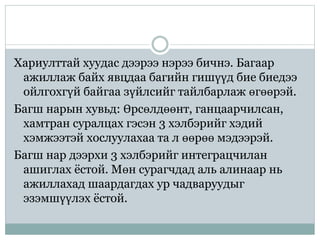 Хариулттай хуудас дээрээ нэрээ бичнэ. Багаар
ажиллаж байх явцдаа багийн гишүүд бие биедээ
ойлгохгүй байгаа зүйлсийг тайлбарлаж өгөөрэй.
Багш нарын хувьд: Өрсөлдөөнт, ганцаарчилсан,
хамтран суралцах гэсэн 3 хэлбэрийг хэдий
хэмжээтэй хослуулахаа та л өөрөө мэдээрэй.
Багш нар дээрхи 3 хэлбэрийг интеграцчилан
ашиглах ёстой. Мөн сурагчдад аль алинаар нь
ажиллахад шаардагдах ур чадваруудыг
эзэмшүүлэх ёстой.
 