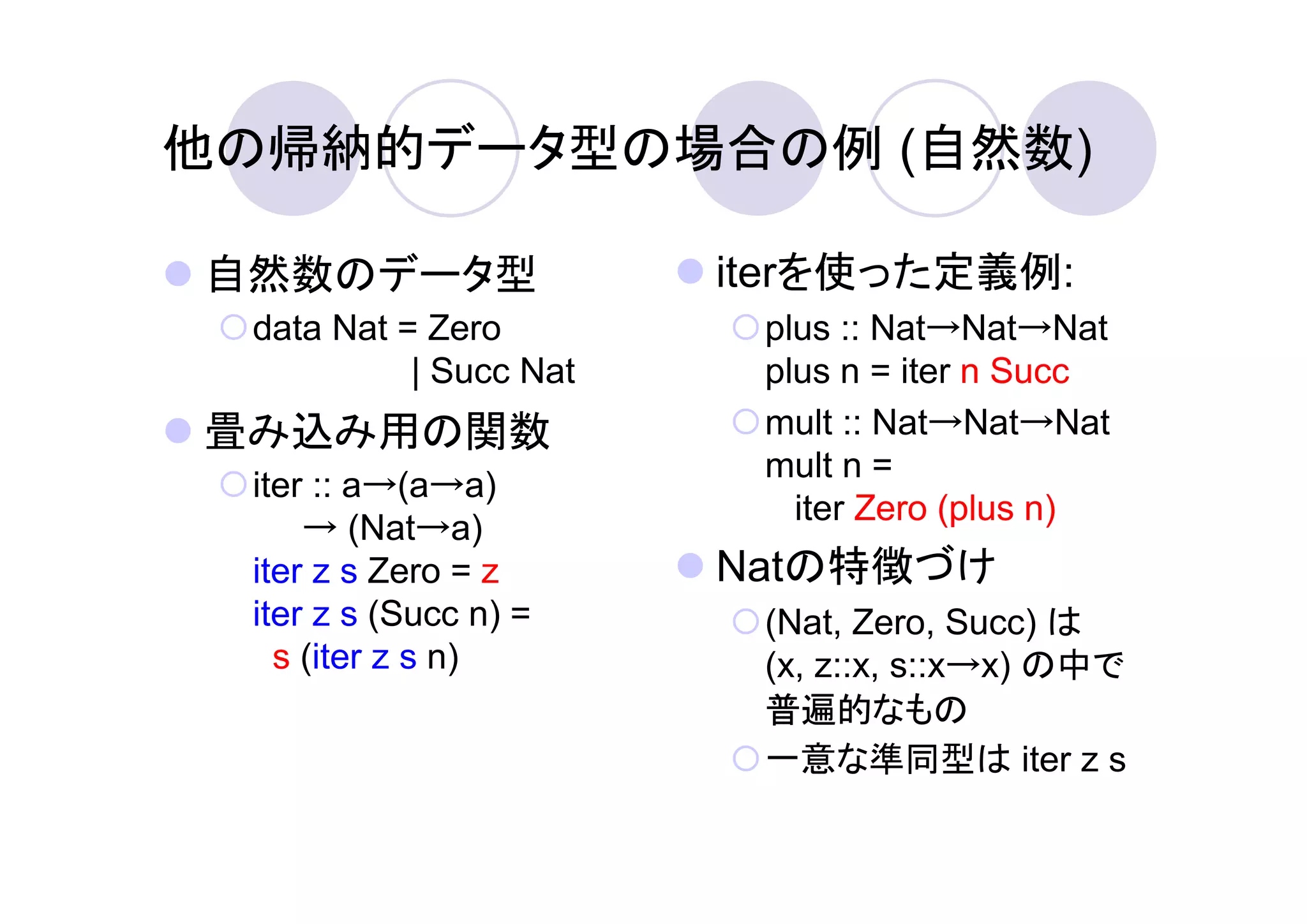 他の帰納的データ型の場合の例 (自然数)

自然数のデータ型                iterを使った定義例:
 data Nat = Zero         plus :: Nat→Nat→Nat
           | Succ Nat    plus n = iter n Succ
畳み込み用の関数                 mult :: Nat→Nat→Nat
                         mult n =
 iter :: a→(a→a)
                           iter Zero (plus n)
     → (Nat→a)
 iter z s Zero = z      Natの特徴づけ
 iter z s (Succ n) =     (Nat, Zero, Succ) は
   s (iter z s n)        (x, z::x, s::x→x) の中で
                         普遍的なもの
                         一意な準同型は iter z s
 