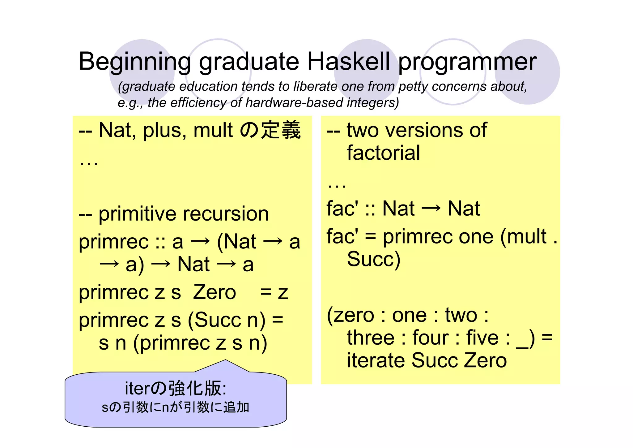 Beginning graduate Haskell programmer
    (graduate education tends to liberate one from petty concerns about,
    e.g., the efficiency of hardware-based integers)

-- Nat, plus, mult の定義                -- two versions of
                                         factorial

-- primitive recursion                fac' :: Nat → Nat
primrec :: a → (Nat → a               fac' = primrec one (mult .
   → a) → Nat → a                       Succ)
primrec z s Zero = z
primrec z s (Succ n) =                (zero : one : two :
   s n (primrec z s n)                  three : four : five : _) =
                                        iterate Succ Zero
     iterの強化版:
  sの引数にnが引数に追加
 