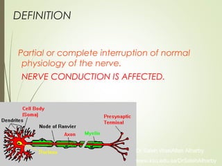 DEFINITION
Partial or complete interruption of normal
physiology of the nerve.
NERVE CONDUCTION IS AFFECTED.
Dr Saleh WaslAllah Alharby
www.ksu.edu.sa/DrSalehAlharby
 