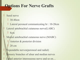 Options For Nerve Grafts
 Sural nerve
 30-40cm
 Lateral peroneal communicating br : 10-20cm
 Lateral antebrachial cutaneous nerve(LABC)
 8cm
 Medial antebrachial cutaneous nerve (MABC)
 Anterior & posterior division
 20 cm
 Expendable nerves(peroneal and radial)
 Sensory branches of ulnar and median nerves
 Distal anterior interosseous nerve and so on…
 