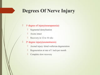Degrees Of Nerve Injury
 1st
degree of injury(neuraparaxia)
 Segmental demylination
 Axons intact
 Recovery in 12 to 16 wks
 2nd
degree injury(axonotmesis)
 Axonal injury/ distal wallerian degeneration
 Regeneration at rate of 1 inch per month
 Complete slow recovery
 