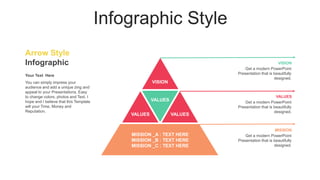 Infographic Style
Get a modern PowerPoint
Presentation that is beautifully
designed.
VISION
Get a modern PowerPoint
Presentation that is beautifully
designed.
VALUES
Get a modern PowerPoint
Presentation that is beautifully
designed.
MISSION
VISION
VALUES
VALUES
VALUES
MISSION _A : TEXT HERE
MISSION _B : TEXT HERE
MISSION _C : TEXT HERE
Your Text Here
You can simply impress your
audience and add a unique zing and
appeal to your Presentations. Easy
to change colors, photos and Text. I
hope and I believe that this Template
will your Time, Money and
Reputation.
Arrow Style
Infographic
 