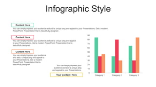 Infographic Style
0
10
20
30
40
50
60
70
80
90
Category 1 Category 2 Category 3
Content Here
You can simply impress your audience and add a unique zing and appeal to your Presentations. Get a modern
PowerPoint Presentation that is beautifully designed .
Content Here
You can simply impress your audience and add a unique zing and appeal
to your Presentations. Get a modern PowerPoint Presentation that is
beautifully designed.
Content Here
You can simply impress your audience
and add a unique zing and appeal to
your Presentations. Get a modern
PowerPoint Presentation that is
beautifully designed .
Your Content Here
You can simply impress your
audience and add a unique zing
and appeal to your Presentations.
 
