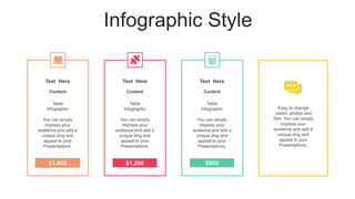 Infographic Style
Easy to change
colors, photos and
Text. You can simply
impress your
audience and add a
unique zing and
appeal to your
Presentations.
Text Here
Content
Table
Infographic
You can simply
impress your
audience and add a
unique zing and
appeal to your
Presentations.
$1,000
Text Here
Content
Table
Infographic
You can simply
impress your
audience and add a
unique zing and
appeal to your
Presentations.
$1,200
Text Here
Content
Table
Infographic
You can simply
impress your
audience and add a
unique zing and
appeal to your
Presentations.
$900
 