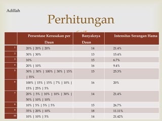 Persentase Kerusakan per
Daun
Banyaknya
Daun
Intensitas Serangan Hama
1
20% | 20% | 20% 14 21.4%
2
30% | 30% 13 15.4%
3
10% 15 6.7%
4
20% | 10% 16 9.4%
5
30% | 30% | 100% | 30% | 15%
| 35%
15 25.3%
6
100% | 15% | 15% | 7% | 10% |
15% | 25% | 5%
16 20%
7
20% | 5% | 10% | 10% | 30% |
50% | 10% | 10%
14 21.4%
8
10% | 5% | 5% | 5% 15 26.7%
9
35% | 20% | 10% 18 11.11%
10
10% | 10% | 5% 14 21.42%
Perhitungan
Adillah
 