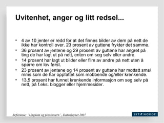 Uvitenhet, anger og litt redsel... 4 av 10 jenter er redd for at det finnes bilder av dem på nett de ikke har kontroll over. 23 prosent av guttene frykter det samme. 36 prosent av jentene og 29 prosent av guttene har angret på ting de har lagt ut på nett, enten om seg selv eller andre. 14 prosent har lagt ut bilder eller film av andre på nett uten å spørre om lov først. 23 prosent av jentene og 14 prosent av guttene har mottatt sms/mms som de har oppfattet som mobbende og/eller krenkende. 13,5 prosent har funnet krenkende informasjon om seg selv på nett, på f.eks. blogger eller hjemmesider. Referanse; ”Ungdom og personvern”, Datatilsynet 2007 