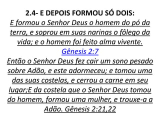 2.4- E DEPOIS FORMOU SÓ DOIS:
E formou o Senhor Deus o homem do pó da
terra, e soprou em suas narinas o fôlego da
vida; e o homem foi feito alma vivente.
Gênesis 2:7
Então o Senhor Deus fez cair um sono pesado
sobre Adão, e este adormeceu; e tomou uma
das suas costelas, e cerrou a carne em seu
lugar;E da costela que o Senhor Deus tomou
do homem, formou uma mulher, e trouxe-a a
Adão. Gênesis 2:21,22
 