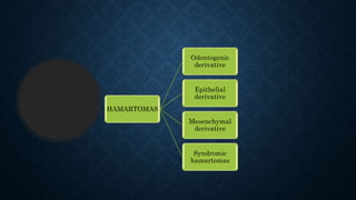HAMARTOMAS
Odontogenic
derivative
Epithelial
derivative
Mesenchymal
derivative
Syndromic
hamartomas
 