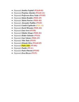 ● Deputada Jandira Feghali (PCdoB-RJ)
● Deputada Perpétua Almeida (PCdoB-AC)
● Deputada Professora Rosa Neide (PT-MT)
● Deputada Sâmia Bomfim (PSOL-SP)
● Deputada Talíria Petrone (PSOL-RJ)
● Deputado Alexandre Padilha (PT-SP)
● Deputado Camilo Capiberibe (PSB-AP)
● Deputado David Miranda (PSOL-RJ)
● Deputado Enio Verri (PT-PR)
● Deputado Gláuber Braga (PSOL-RJ)
● Deputado Helder Salomão (PT-ES)
● Deputado Ivan Valente (PSOL-SP)
● Deputado Nilto Tatto (PT-SP)
● Deputado Orlando Silva (PCdoB-SP)
● Deputado Padre João (PT-MG)
● Deputado Paulão (PT-AL)
● Deputado Paulo Pimenta (PT-RS)
● Deputado Zeca Dirceu (PT-PR)
 
