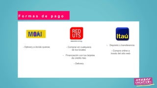 F o r m a s d e p a g o 
- Comprar en cualquiera 
de los locales 
- Financiación con tus tarjetas 
de crédito Itaú 
- Delivery 
- Depósito o transferencia 
- Compra online a 
través del sitio web 
- Delivery a donde quieras 
 