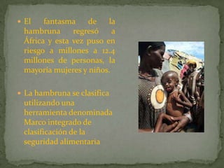 El fantasma de la hambruna regresó a África y esta vez puso en riesgo a millones a 12.4 millones de personas, la mayoría mujeres y niños.La hambruna se clasifica utilizando una herramienta denominada Marco integrado de clasificación de la seguridad alimentaria