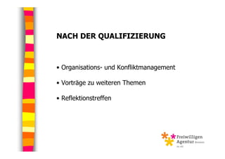 NACH DER QUALIFIZIERUNG



• Organisations- und Konfliktmanagement

• Vorträge zu weiteren Themen

• Reflektionstreffen
 