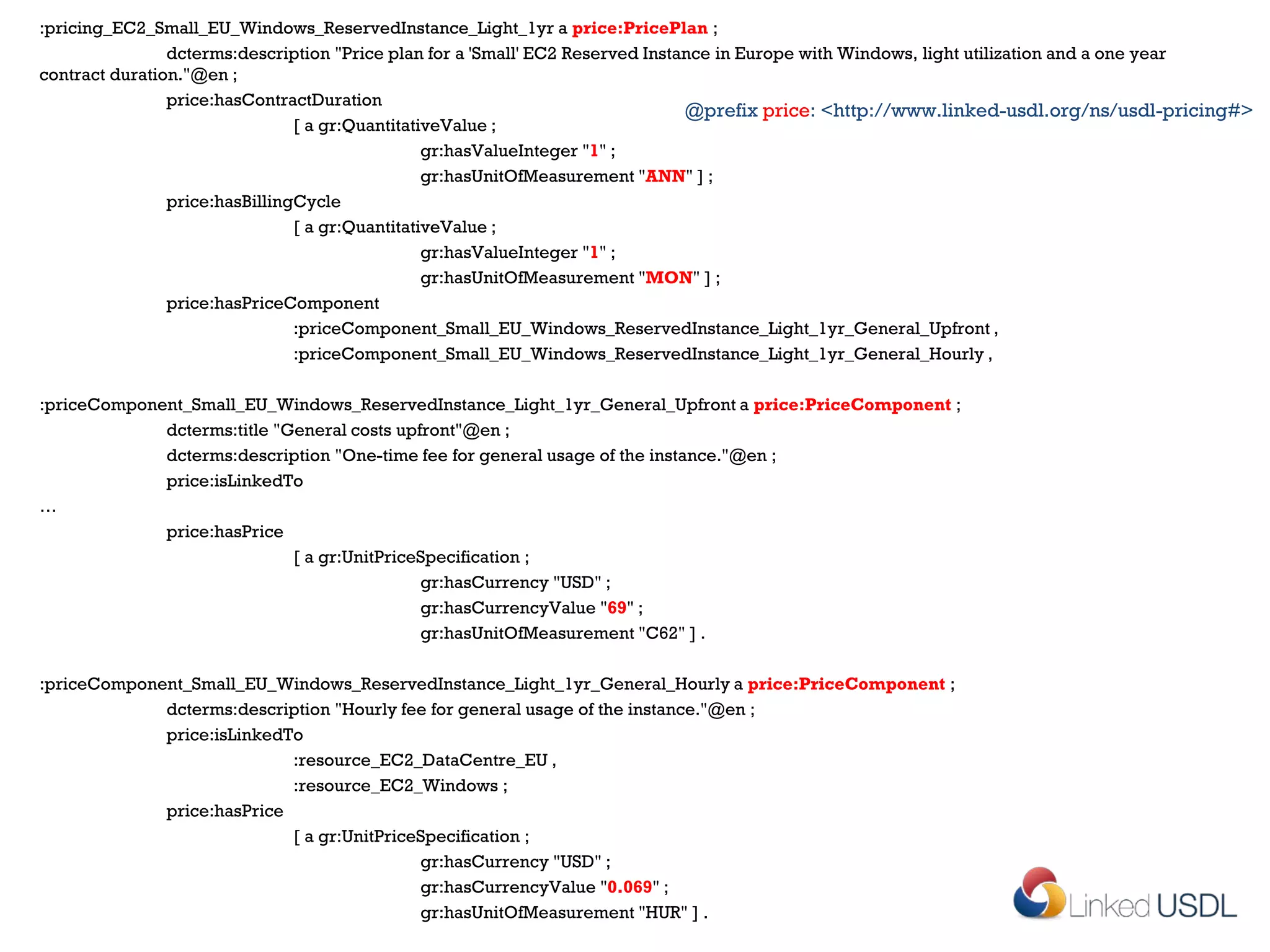 :pricing_EC2_Small_EU_Windows_ReservedInstance_Light_1yr a price:PricePlan ;
                dcterms:description "Price plan for a 'Small' EC2 Reserved Instance in Europe with Windows, light utilization and a one year
contract duration."@en ;
                price:hasContractDuration
                                                                                @prefix price: <http://www.linked-usdl.org/ns/usdl-pricing#>
                                [ a gr:QuantitativeValue ;
                                                 gr:hasValueInteger "1" ;
                                                 gr:hasUnitOfMeasurement "ANN" ] ;
                price:hasBillingCycle
                                [ a gr:QuantitativeValue ;
                                                 gr:hasValueInteger "1" ;
                                                 gr:hasUnitOfMeasurement "MON" ] ;
                price:hasPriceComponent
                                :priceComponent_Small_EU_Windows_ReservedInstance_Light_1yr_General_Upfront ,
                                :priceComponent_Small_EU_Windows_ReservedInstance_Light_1yr_General_Hourly ,

:priceComponent_Small_EU_Windows_ReservedInstance_Light_1yr_General_Upfront a price:PriceComponent ;
             dcterms:title "General costs upfront"@en ;
             dcterms:description "One-time fee for general usage of the instance."@en ;
             price:isLinkedTo
…
             price:hasPrice
                             [ a gr:UnitPriceSpecification ;
                                             gr:hasCurrency "USD" ;
                                             gr:hasCurrencyValue "69" ;
                                             gr:hasUnitOfMeasurement "C62" ] .

:priceComponent_Small_EU_Windows_ReservedInstance_Light_1yr_General_Hourly a price:PriceComponent ;
             dcterms:description "Hourly fee for general usage of the instance."@en ;
             price:isLinkedTo
                            :resource_EC2_DataCentre_EU ,
                            :resource_EC2_Windows ;
             price:hasPrice
                            [ a gr:UnitPriceSpecification ;
                                            gr:hasCurrency "USD" ;
                                            gr:hasCurrencyValue "0.069" ;
                                            gr:hasUnitOfMeasurement "HUR" ] .
 