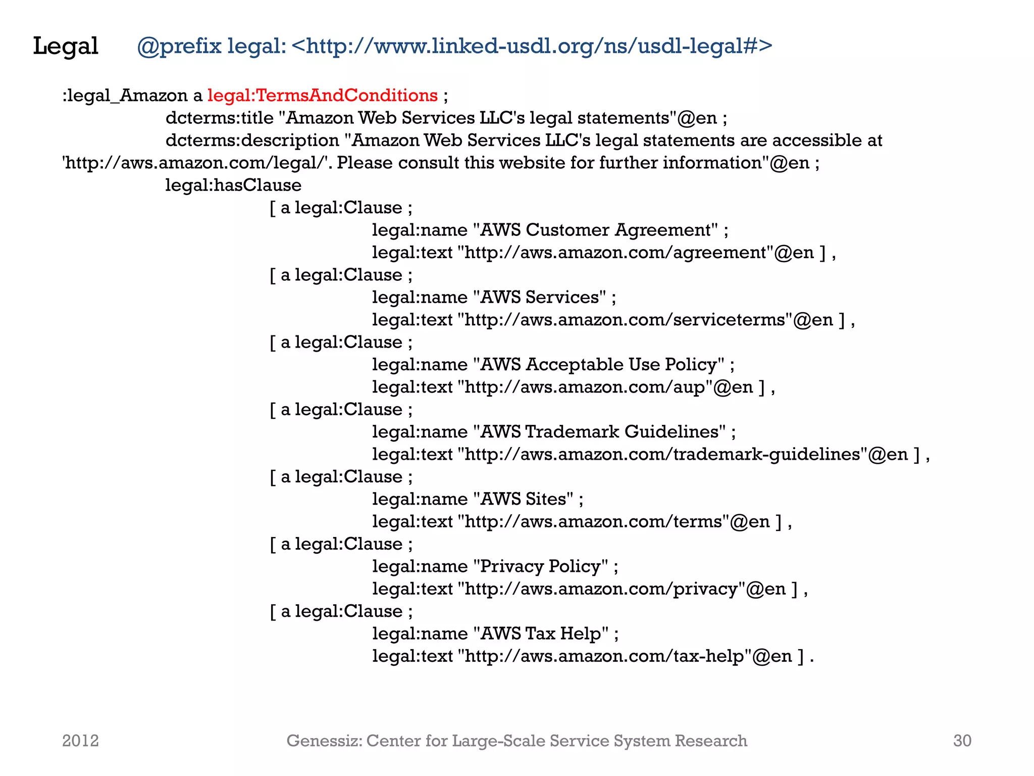 Legal     @prefix legal: <http://www.linked-usdl.org/ns/usdl-legal#>

  :legal_Amazon a legal:TermsAndConditions ;
               dcterms:title "Amazon Web Services LLC's legal statements"@en ;
               dcterms:description "Amazon Web Services LLC's legal statements are accessible at
  'http://aws.amazon.com/legal/'. Please consult this website for further information"@en ;
               legal:hasClause
                            [ a legal:Clause ;
                                         legal:name "AWS Customer Agreement" ;
                                         legal:text "http://aws.amazon.com/agreement"@en ] ,
                            [ a legal:Clause ;
                                         legal:name "AWS Services" ;
                                         legal:text "http://aws.amazon.com/serviceterms"@en ] ,
                            [ a legal:Clause ;
                                         legal:name "AWS Acceptable Use Policy" ;
                                         legal:text "http://aws.amazon.com/aup"@en ] ,
                            [ a legal:Clause ;
                                         legal:name "AWS Trademark Guidelines" ;
                                         legal:text "http://aws.amazon.com/trademark-guidelines"@en ] ,
                            [ a legal:Clause ;
                                         legal:name "AWS Sites" ;
                                         legal:text "http://aws.amazon.com/terms"@en ] ,
                            [ a legal:Clause ;
                                         legal:name "Privacy Policy" ;
                                         legal:text "http://aws.amazon.com/privacy"@en ] ,
                            [ a legal:Clause ;
                                         legal:name "AWS Tax Help" ;
                                         legal:text "http://aws.amazon.com/tax-help"@en ] .



  2012                      Genessiz: Center for Large-Scale Service System Research                      30
 