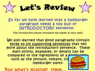 So far we have learned that a hamburger
       paragraph needs a top bun or
      INTRODUCTORY sentence.
   The introducti...