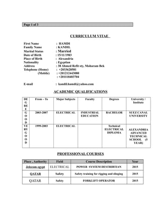 Page 1 of 3
CURRICULUM VITAE
First Name : HAMDI
Family Name : KANDIL
Marital Status : Married
Date of Birth : 15/11/1983
Place of Birth : Alexandria
Nationality : Egyptian
Address : 38 Ahmed Refit sty, Moharam Bek
Telephone (Home) : +2033628581
(Mobile) : +201212443080
: +201118403704
E-mail : kandil.hamdi@yahoo.com
ACADEMIC QUALIFICATIONS
DE
G
RE
E
From – To Major Subjects Faculty Degrees University /
Institute
G
O
O
D
2003-2007 ELECTRICAL INDUSTRIAL
EDUCATION
BACHELOR SUEZ CANAL
UNIVERSITY
VE
RY
G
O
O
D
1999-2003 ELECTRICAL Technical
ELECTRICAL
DIPLOMA
ALEXANDRIA
ADVANCED
TECHNICAL
SCHOOL (5
YEAR)
PROFESSIONAL COURSES
Place , Authority Field Course Description Year
Jelecom egypt ELECTRICAL POWER SYSTEM DESTRIBTIAN 2015
QATAR Safety Safety training for rigging and slinging 2015
QATAR Safety FORKLIFT OPERATOR 2015
 