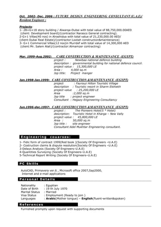Oct. 2002- Dec. 2006 :      FUTURE DESIGN ENGINEERING CONSULTANT (U.A.E)/
Resident Engineer :

Projects:
1- 2B+G+18 story building / Alwarqa-Dubai with total value of 88,750,000.00AED
 (client: Development board)/(contractor:Narasco General contracting).
2-G+1 Villas(40 nos) in Alrashidya with total value of 21,230,000.00 AED/
(client:Dubai Real Estate)/(contractor:Lootah construction&maintenance)
3- G+1 Commercial Villas(12 nos)in Murrdef with total value of 14,300,000 AED
 (client:Mr. Salem Alali)/(contractor:Almamzer contracting)


Mar. 1999-Aug.2002:          CARE CONSTRUCTION & MAINTENANCE (EGYPT)
                           project :       Newibaa national defence building
                           description : governmental building for national defence council.
                           project value : 15,300,000 LE
                           Area :       4,000 sq.m
                           Jop title:   Project manger

Jan.1998-Jan.1999:        CARE CONSTRUCTION &MAINTENANCE (EGYPT)
                           project          : Fayrouz Hilton Touristic Village
                           description     : Touristic resort in Sharm Elshiekh
                           project value      : 25,200,000 LE
                           Area            :2,000 sq.m
                           Jop title   :   project engineer
                           Consultant :    Hegazy Engineering Consultancy

Jun.1996-dec.1997:        CARE CONSTRUCTION &MAINTENANCE (EGYPT)
                           project :       The Pioneers Hotel(5 * Hotel)
                           description: Touristic Hotel in Kharga – New Vally
                           project value : 45,800,000 LE
                           Area :        50,000 sq.m
                           Jop title :   site engineer
                           Consultant:Adel Mukhtar Engineering consultant.


 Engineering            couarses:
1- Fidic form of contract 1999(Red book )(Society Of Engineers –U.A.E)
2- Costruction claims & dispute resolution(Society Of Engineers –U.A.E)
3-Delays Analysis (Society Of Engineers–U.A.E)
4-Quantities Surveying (Society Of Engineers–U.A.E)
5-Technical Report Writing (Society Of Engineers–U.A.E)


PC Skills

 AutoCAD, Primavera ver.6 , Microsoft office 2007,Sap2000,
  Internet and e-mail applications

Personal Details

 Nationality      :   Egyptian
 Date of Birth    :   19 th July 1970
 Marital Status   :   Married
 Visa Status      :   Employment (Ready to join )
 Languages        :   Arabic(Mother tongue) – English(fluent-written&spoken)

References
 Furnished promptly upon request with supporting documents
 