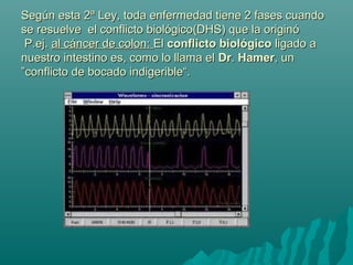Según esta 2ª Ley, toda enfermedad tiene 2 fases cuandoSegún esta 2ª Ley, toda enfermedad tiene 2 fases cuando
se resuelve el conflicto biológico(DHS) que la originóse resuelve el conflicto biológico(DHS) que la originó
P.ej.P.ej. al cáncer de colon:al cáncer de colon: ElEl conflicto biológicoconflicto biológico ligado aligado a
nuestro intestino es, como lo llama elnuestro intestino es, como lo llama el DrDr.. HamerHamer, un, un
”conflicto de bocado indigerible“.”conflicto de bocado indigerible“.
 