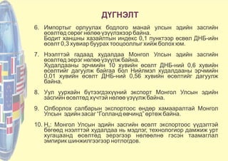 ДҮГНЭЛТ
6. Импортыг орлуулах бодлого манай улсын эдийн засгийн
өсөлтөд сөрөг нөлөө үзүүлэхээр байна.
Бодит ханшны хазайлтын индекс 0,1 пунктээр өсвөл ДНБ-ийн
өсөлт 0,3 хувиар буурах тооцооллыг хийж болох юм.
7. Нээлттэй гадаад худалдаа Монгол Улсын эдийн засгийн
өсөлтөд эерэг нөлөө үзүүлж байна.
Худалдааны эрчмийн 10 хувийн өсөлт ДНБ-ний 0,6 хувийн
өсөлтийг дагуулж байгаа бол Нийлмэл худалдааны эрчмийн
0,01 хувийн өсөлт ДНБ-ний 0,56 хувийн өсөлтийг дагуулж
байна.
8. Уул уурхайн бүтээгдэхүүний экспорт Монгол Улсын эдийн
засгийн өсөлтөд хүчтэй нөлөө үзүүлж байна.
9. Олборлох салбарын экспортоос өндөр хамааралтай Монгол
Улсын эдийн засаг “Голланд өвчинд” өртөж байна.
10. Н : Монгол Улсын эдийн засгийн өсөлт экспортоос үүдэлтэй0
бөгөөд нээлттэй худалдаа нь мэдлэг, технологиор дамжиж урт
хугацаанд өсөлтөд эерэгээр нөлөөлнө гэсэн таамаглал
эмпирик шинжилгээгээр нотлогдов.
 