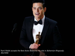Rami Malek accepts the Best Actor award for his role in Bohemian Rhapsody.
REUTERS
 