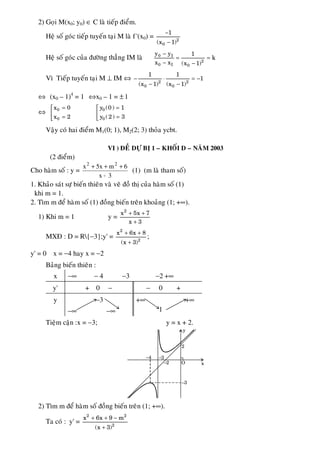 2) Goïi M(x0; y0) ∈ C laø tieáp ñieåm.
Heä soá goùc tieáp tuyeán taïi M laø f '(x0) = 2
0
1
(x 1)
−
−
Heä soá goùc cuûa ñöôøng thaúng IM laø 0 I
2
0 I 0
y y 1
k
x x (x 1)
−
= =
− −
Vì Tieáp tuyeán taïi M ⊥ IM ⇔ 2 2
0 0
1 1
1
(x 1) (x 1)
− ⋅ = −
− −
⇔ (x0 – 1)4
= 1 ⇔x0 – 1 = ± 1
⇔ 0
0
x 0
x 2
=⎡
⎢
=⎣
=⎡
⎢
=⎣
0
0
y (0) 1
y (2) 3
Vaäy coù hai ñieåm M1(0; 1), M2(2; 3) thoûa ycbt.
VI ) ÑEÀ DÖÏ BÒ 1 – KHOÁI D – NAÊM 2003
(2 ñieåm)
Cho haøm soá : y =
3x
6mx5x 22
+
+++
(1) (m laø tham soá)
1. Khaûo saùt söï bieán thieân vaø veõ ñoà thò cuûa haøm soá (1)
khi m = 1.
2. Tìm m ñeå haøm soá (1) ñoàng bieán treân khoaûng (1; +∞).
1) Khi m = 1 y =
2
x 5x 7
x 3
+ +
+
MXÑ : D = R{−3};y' =
2
2
x 6x 8
(x 3)
+ +
+
;
y' = 0 x = −4 hay x = −2
Baûng bieán thieân :
x −∞ − 4 −3 −2 +∞
y' + 0 − − 0 +
y −3
−∞ −∞
+∞ +∞
1
Tieäm caän :x = −3; y = x + 2.
O x
y
2
−2
−4 −3
−3
2) Tìm m ñeå haøm soá ñoàng bieán treân (1; +∞).
Ta coù : y' =
2 2
2
x 6x 9 m
(x 3)
+ + −
+
 