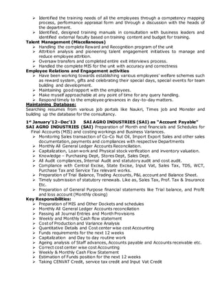  Identified the training needs of all the employees through a competency mapping
process, performance appraisal form and through a discussion with the heads of
the department.
 Identified, designed training manuals in consultation with business leaders and
identified external faculty based on training content and budget for training.
Talent Management (Miscellaneous)
 Handling the complete Reward and Recognition program of the unit
 Attrition analysis and pioneering talent engagement initiatives to manage and
reduce employee attrition.
 Oversaw transfers and completed entire exit interviews process.
 Handled the complete MIS for the unit with accuracy and correctness
Employee Relations and Engagement activities
 Have been working towards establishing various employees' welfare schemes such
as reward system, gifts and celebrating their special days, special events for team
building and development.
 Maintaining good rapport with the employees.
 Make myself approachable at any point of time for any query handling.
 Respond timely to the employee grievances in day-to-day matters.
Maintaining Database:
Searching resumes from various job portals like Naukri, Times job and Monster and
building up the database for the consultancy.
1st
January’12–Dec’13 SAI AGRO INDUSTRIES (SAI) as “Account Payable”
SAI AGRO INDUSTRIES (SAI) Preparation of Month end financials and Schedules for
Final Accounts (MIS) and costing workings and Business Variances.
 Monitoring Sales transaction of Co-Co Nut Oil, Import Export Sales and other sales
documentation, payments and compliances with respective Departments
 Monthly All General Ledger Accounts Reconciliation.
 Capitalization, Loan work and Physical stock verification and inventory valuation.
 Knowledge – Purchasing Dept, Stores Dept, Sales Dept.
 All Audit compliances, Internal Audit and statutory audit and cost audit.
 Compliance with Central Excise, State Excise, Input Vat, Sales Tax, TDS, WCT,
Purchase Tax and Service Tax relevant works.
 Preparation of Trial Balance, Trading Accounts, P&L account and Balance Sheet.
 Timely submission of statutory renewals. Like as, Sales Tax, Prof. Tax & Insurance
Etc.
 Preparation of General Purpose financial statements like Trial balance, and Profit
and loss account (Monthly closing)
Key Responsibilities:
 Preparation of MIS and Other Dockets and schedules
 Monthly All General Ledger Accounts reconciliation
 Passing all Journal Entries and Month Provisions
 Weekly and Monthly Cash flow statement
 Cost of Production and Variance Analysis
 Quantitative Details and Cost center wise cost Accounting
 Funds requirements for the next 12 weeks
 Capitalization and Day to day routine work
 Ageing analysis of Staff advances, Accounts payable and Accounts receivable etc.
 Correct cost center wise cost Accounting
 Weekly & Monthly Cash Flow Statement
 Estimation of Funds position for the next 12 weeks
 Taking CENVAT Credit, service tax credit and Input Vat Credit
 