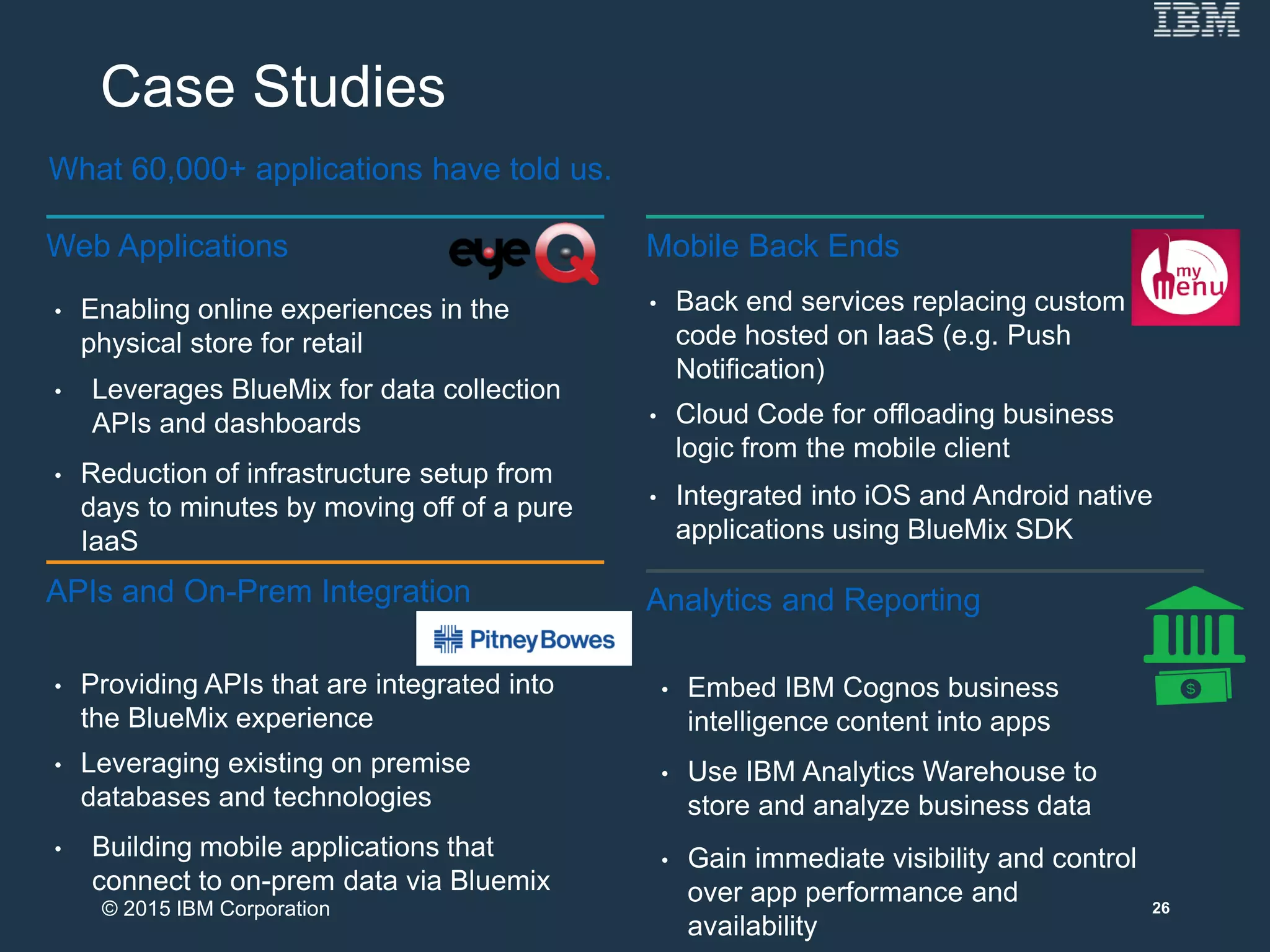 Case Studies
What 60,000+ applications have told us.
Web Applications
• Enabling online experiences in the
physical store for retail
• Leverages BlueMix for data collection
APIs and dashboards
• Reduction of infrastructure setup from
days to minutes by moving off of a pure
IaaS
Mobile Back Ends
• Integrated into iOS and Android native
applications using BlueMix SDK
• Cloud Code for offloading business
logic from the mobile client
• Back end services replacing custom
code hosted on IaaS (e.g. Push
Notification)
APIs and On-Prem Integration
• Providing APIs that are integrated into
the BlueMix experience
• Leveraging existing on premise
databases and technologies
• Building mobile applications that
connect to on-prem data via Bluemix
Analytics and Reporting
• Embed IBM Cognos business
intelligence content into apps
• Use IBM Analytics Warehouse to
store and analyze business data
• Gain immediate visibility and control
over app performance and
availability
26© 2015 IBM Corporation
 