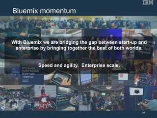 Bluemix momentum
With Bluemix we are bridging the gap between start-up and
enterprise by bringing together the best of both worlds.
Speed and agility. Enterprise scale.
24
 
