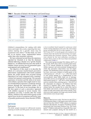 WOLMER et al.




TABLE 1      Description of Schools in the Intervention and Control Groups
 School                    Group               N               % Girls                      SES                   Religiosity

 I1                     Intervention          155              49.7%                   High                       Secular
 I2                     Intervention           68              36.8%                   Heterogeneous              Religious
 I3                     Intervention          170              56.5%                   Heterogeneous              Religious
 I4                     Intervention           89              53.4%                   Low                        Secular
 I5                     Intervention           80              46.3%                   High                       Secular
 I6                     Intervention          186              47.3%                   Heterogeneous              Secular
 C1                     Control               140              44.3%                   High                       Secular
 C2                     Control               140              56.1%                   Heterogeneous              Secular
 C3                     Control                89              51.7%                   Low                        Religious
 C4                     Control               128              52.8%                   Heterogeneous              Secular
 C5                     Control                49              44.9%                   Heterogeneous              Religious
 C6                     Control               186              48.9%                   High                       Secular

 Note: SES    socioeconomic status.




children’s preparedness for coping with daily                  a city in southern Israel exposed to continuous rocket
stress and major life events, expecting that inoc-             attacks during Operation Cast Lead. The intervention
ulation training for a speciﬁc stress may be                   group included half (50.3%) of the children (n     748,
transferred unto others.21 In this study, we view              50.5% boys, 43.7% in fourth grade) who studied in six
                                                               schools where the teacher-led intervention was imple-
SIT in its narrow scope, implemented before
                                                               mented before the traumatic exposure. These schools
rather than after traumatic exposure.                          were selected by the local authorities according to
   We have witnessed several times the experience              location (those closer to the Gaza Strip) and potential
reported by Chemtob et al. that the dominant                   collaboration (Table 1).
attitude following a disaster is to “get the disaster             The control group included 740 children (49.7% of
behind us,” an attitude that may leave the needs of            the sample; 49.8% boys, 56.2% in fourth grade) study-
children whose recovery has not proceeded apace                ing in six schools matched by location (to ensure
unrecognized and unaddressed.22                                similar exposure and socio-economic background) in
   The objective of this study is to describe the              which the preventive intervention was not imple-
effects of a universal, teacher-based, preventive              mented. The distribution of boys and girls was similar,
intervention implemented with Israeli students                 but there were more children in fourth grade in the
                                                               control group ( 2 21.8, df 1, p .001). One school
before the rocket attacks that occurred during
                                                               in each group belongs to a neighborhood of low
Operation Cast Lead, compared with a noninter-                 socio-economic status (SES), three are of heteroge-
vention but exposed control group. The sporadic                neous SES, and two are of high SES. Two schools in the
experience of mortars and the stress of an immi-               intervention group (n 145, 20.5% of the subsample)
nent military operation that might result in mas-              and two schools in the control group (n 126, 20.3% of
sive bombardment represent a moderate stressor                 the subsample) are religious. All children had been
process through the intervention within a SIT                  exposed to repeated daily sirens starting about 1
approach. To the best of our knowledge, this is                minute before the missiles hit, in which they had to
the ﬁrst report of such a preventive approach                  ﬁnd shelter and remain covered until the emergency
with children exposed to severe trauma. Our                    ended. In both intervention and control schools, coun-
hypothesis was that, 3 months after the rocket                 selors provided support, but large-scale mental health
                                                               interventions were not provided.
attacks, children in the intervention group would
report lower levels of symptoms and fewer cases
of possible posttraumatic stress disorder (PTSD).              Measures
                                                               Children ﬁlled out two scales. The ﬁrst was the UCLA-
                                                               PTSD Reaction Index, a self-report scale with 21 items
                                                               derived from the DSM-IV PTSD criteria of symptoms
METHOD                                                         (Intrusive Recollection, Avoidance/Numbing and Hy-
Participants                                                   perarousal) and Associated Features (e.g., new fears,
The study sample consisted of 1,488 Jewish students            guilt).23 Children indicated how frequently they expe-
studying in fourth and ﬁfth grades (55 classrooms) in          rienced each symptom during the last month on a

                                                          JOURNAL   OF THE   AMERICAN ACADEMY OF CHILD & ADOLESCENT PSYCHIATRY
342       www.jaacap.org                                                               VOLUME 50 NUMBER 4 APRIL 2011
 
