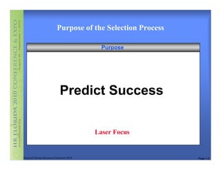 Purpose of the Selection Process

                                             Purpose




                             Predict Success

                                           Laser Focus


Practical Human Resources Solutions 2010                      Page 1.4
 