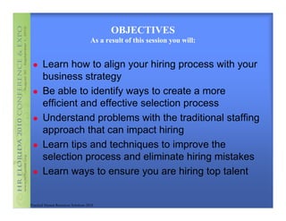 OBJECTIVES
                                      As a result of this session you will:


       Learn how to align your hiring process with your
       business strategy
       Be able to identify ways to create a more
       efficient and effective selection process
       Understand problems with the traditional staffing
       approach that can impact hiring
       Learn tips and techniques to improve the
       selection process and eliminate hiring mistakes
       Learn ways to ensure you are hiring top talent


Practical Human Resources Solutions 2010
 