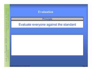 Evaluation

                                             Principle

                 Evaluate everyone against the standard




Practical Human Resources Solutions 2010                  Page 7.6
 