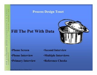 Process Design Tenet




 Fill The Pot With Data



 •Phone Screen                                    •Second Interview
 •Phone Interview                                 •Multiple Interviews
 •Primary Interview                               •Reference Checks

Practical Human Resources Solutions 2010
 